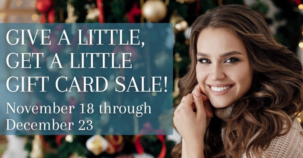 Give a little, get a little gift card sale. November 18 through December 23. Model image.