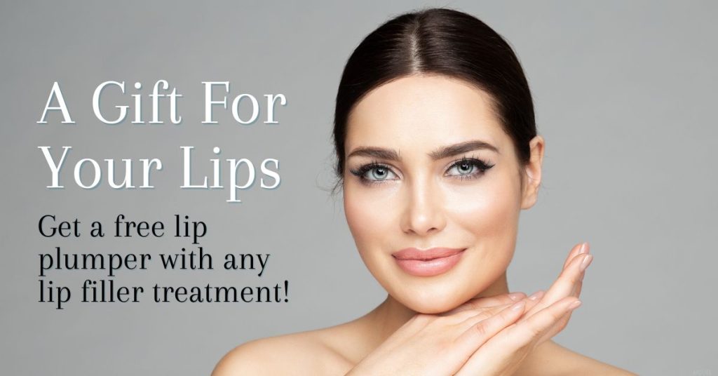 a woman with plump lips smiling and text that reads "a gift for your lips - get a free lip plumper with any lip filler treatment